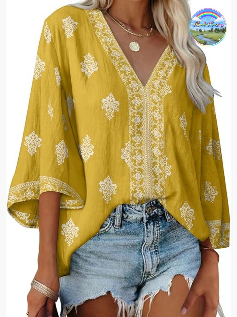 91% Viscose 9% Polyamide Floral Print Deep V Neck 3/4 Sleeve Boho Blouse